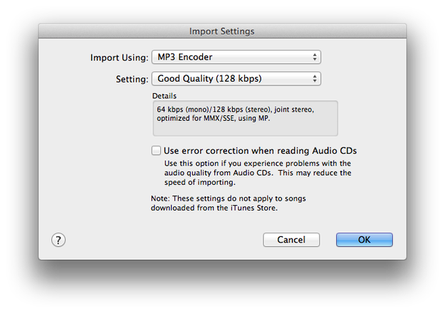 Apple iTunes import settings