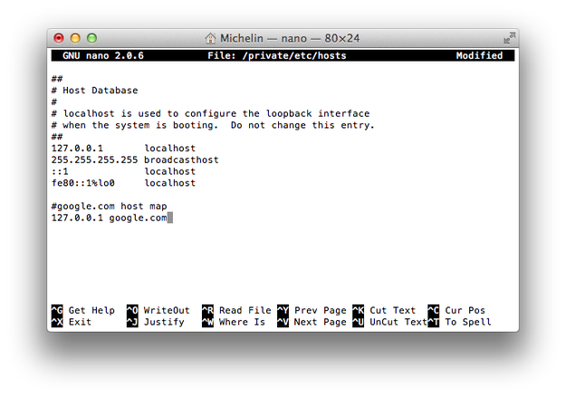 Apple Terminal GNU nano edit host