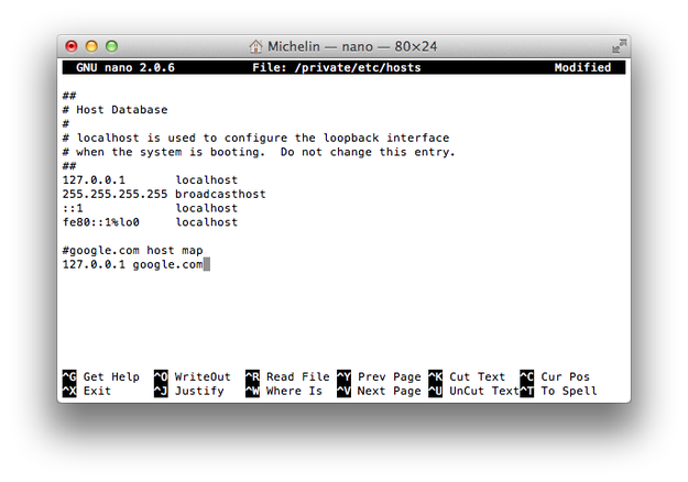 Apple Terminal GNU nano edit host