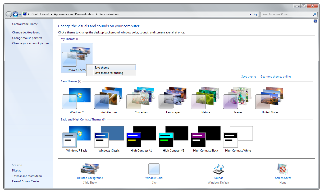 Save desktop theme in Windows 7