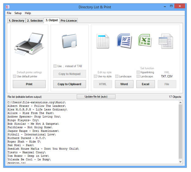 Directory List & Print Output tab