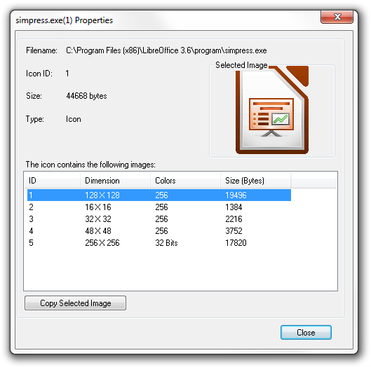 Properties details of icon resource library in IconsExtract