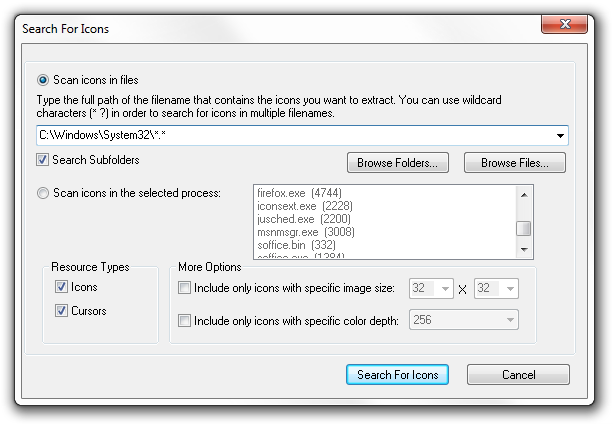 Searching for icons in IconsExtract program
