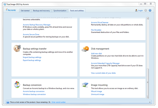 Acronis True Image tools and utilities
