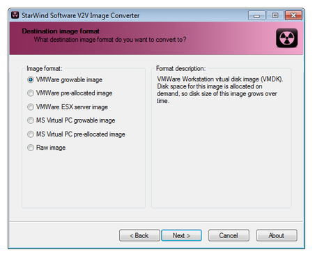 StarWind V2V Image Converter select disk image format