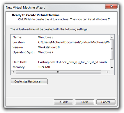 VMware Workstation Virtual Machine Wizard summary window