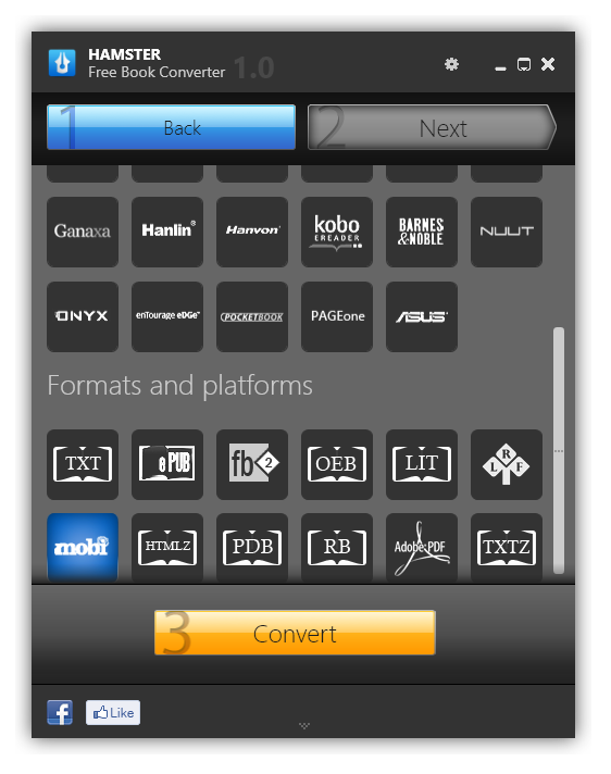 Hamster eBook Converter direct file format conversion option.