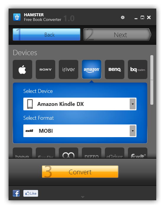 Hamster eBook Converter selected output format for conversion.