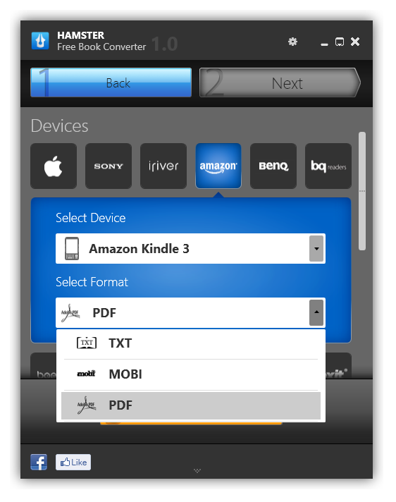 Hamster eBook Converter selecting output ebook format for conversion.