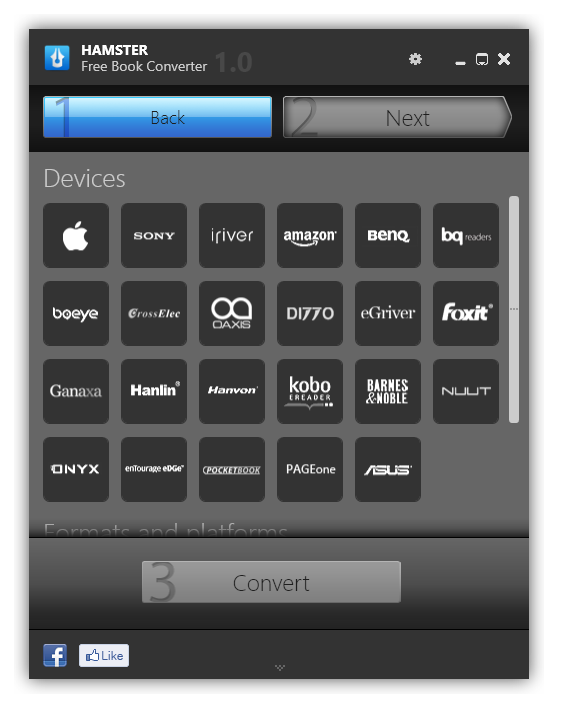 Devices and formats supported for conversion in Hamster eBook Converter.