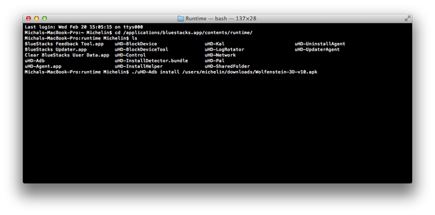 Terminal import apk file to BlueStacks App Player for Mac