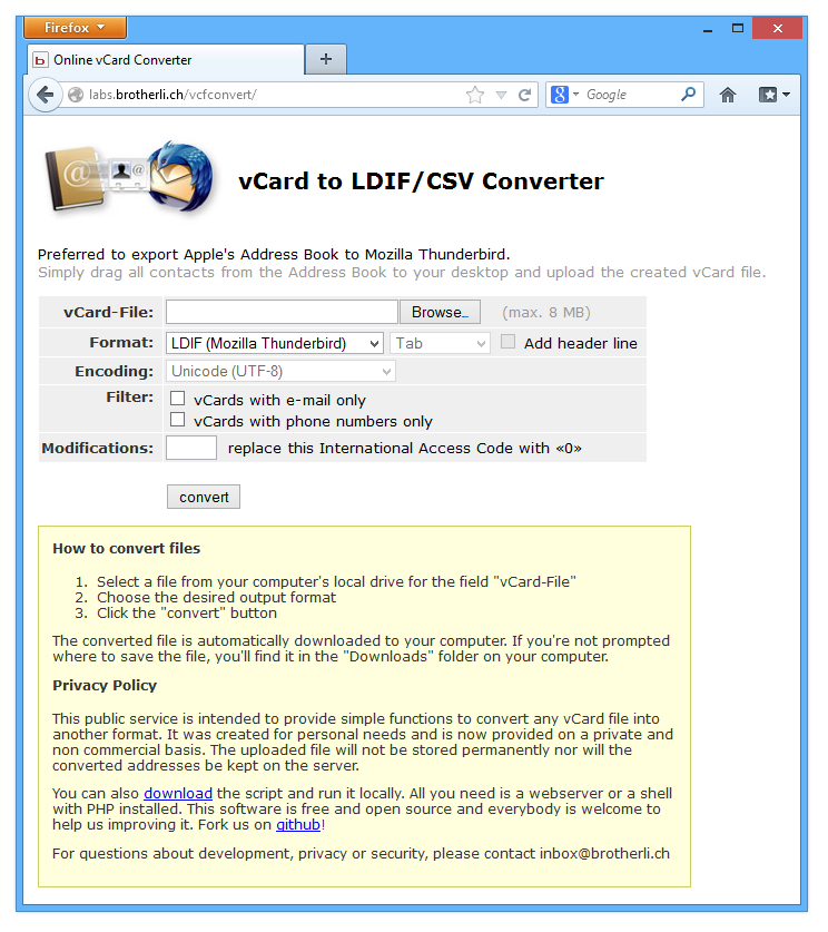 Online vCard Converter website screenshot