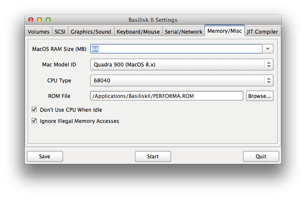 BasiliskII Mac settings