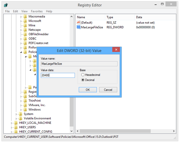 Regedit create new dword maxlargefilesize