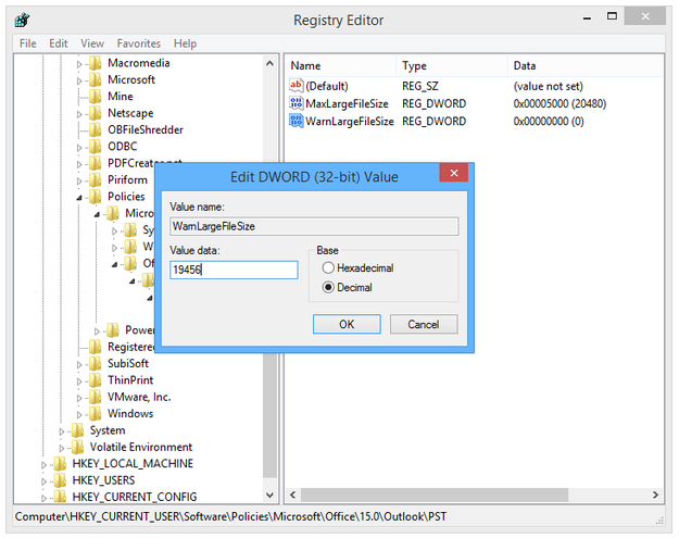 Regedit create dword warnlargefilesize