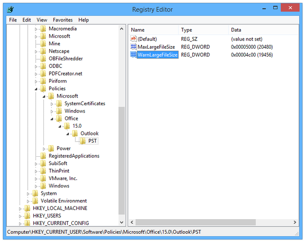 regedit settings of outlook file size finished