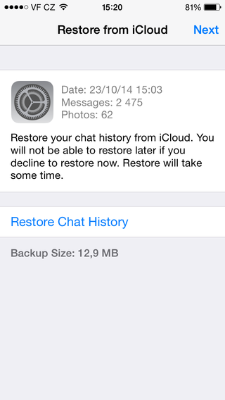 WhatsApp for iPhone chat restore