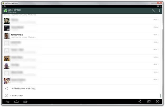 WhatsApp in Bluestacks contact list