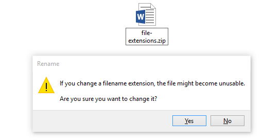 Rename docx to zip in Windows warning window
