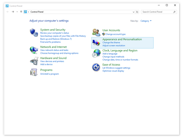 Microsoft Windows 10 Control Panel menu