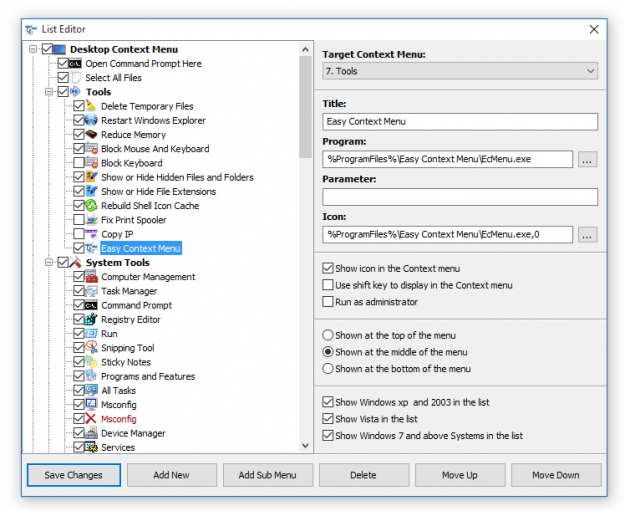 Easy Context Menu List Editor create new shortcut