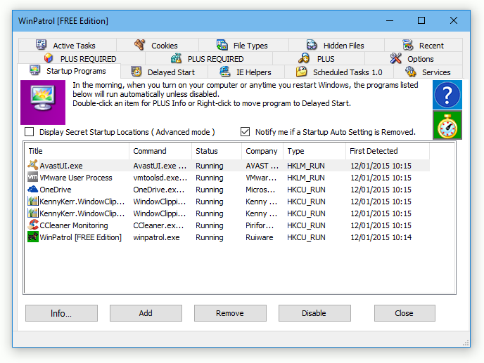 WinPatrol Screenshot with StartUp Programs