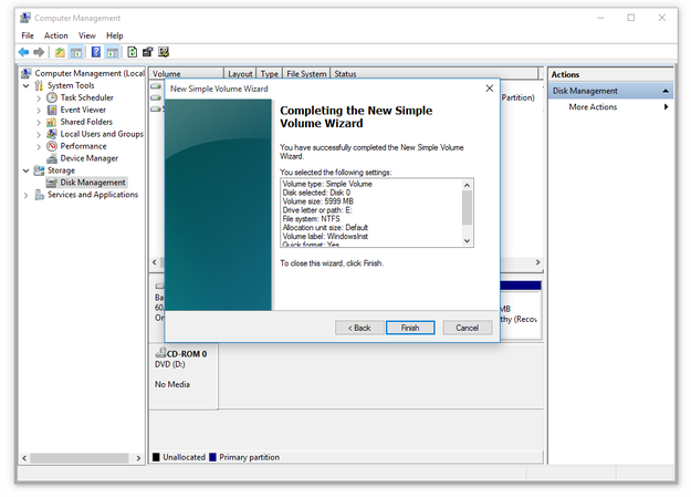 Computer Management for Windows volume wizard