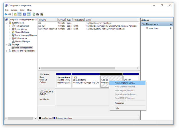 Computer Management for Windows New simple volume