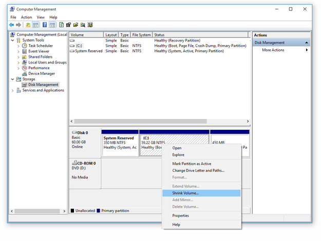 Computer Management for Windows shrink option