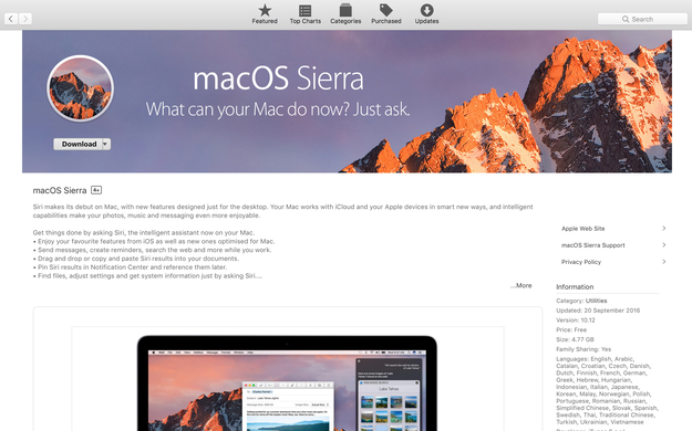 macOS 10.12 Sierra in App Store