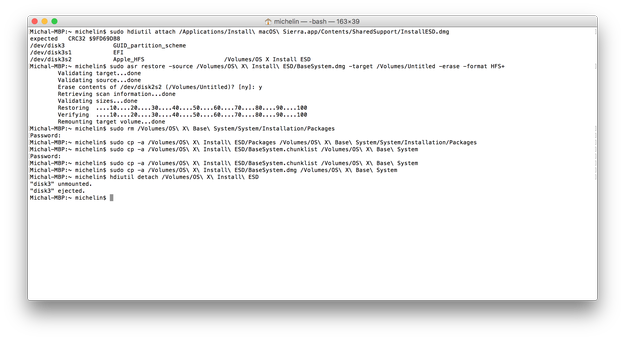 create macOS Sierra USB installation with Terminal commands