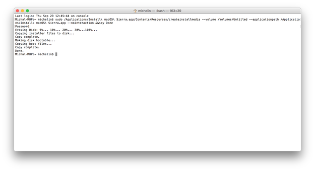 create macOS Sierra installation USB drive with createinstallmedia tool
