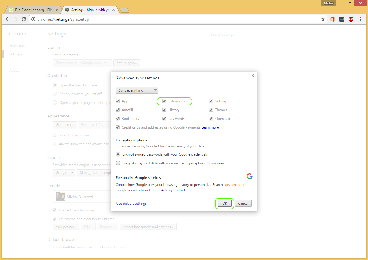 Sync options for Google Account