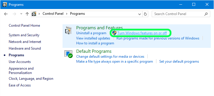 Programs control panel in Windows 10