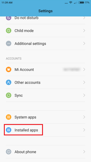 Google Android Settings Installed apps option