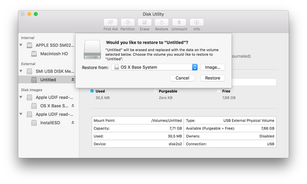 Disk Utility Restore USB drive