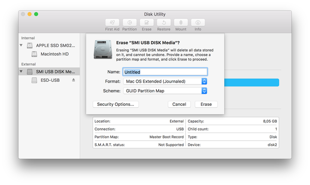 Disk Utility prepare USB flash drive