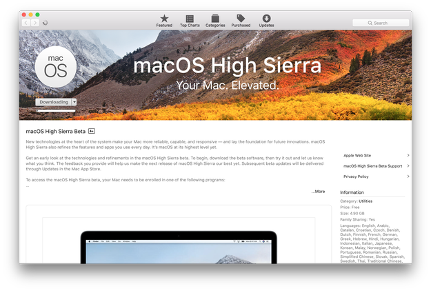 macOS high sierra in app store