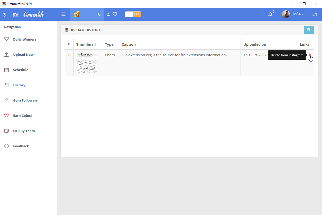 Delete from Instagram option in Gramblr
