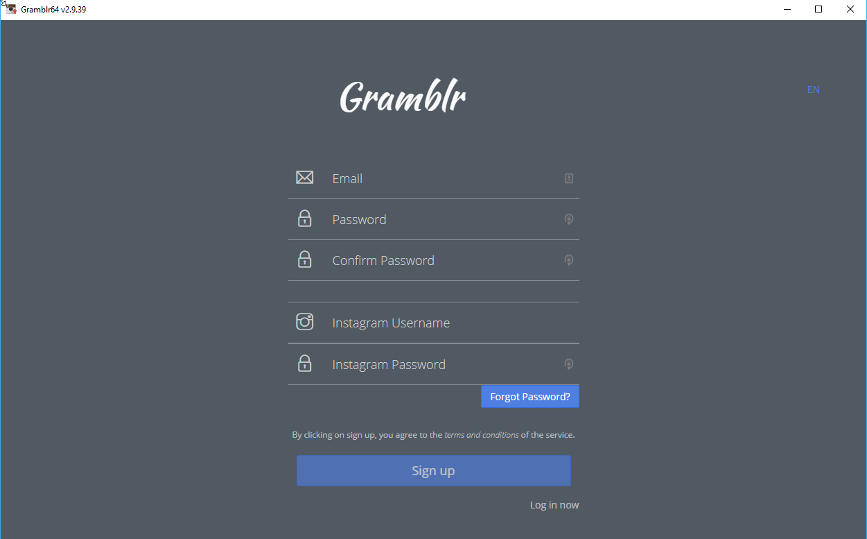 Gramblr login screen