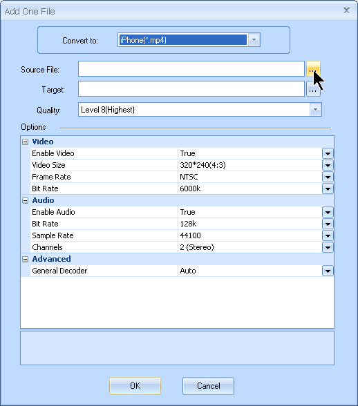 Jelajahi file Anda untuk memilih file AVI sumber.