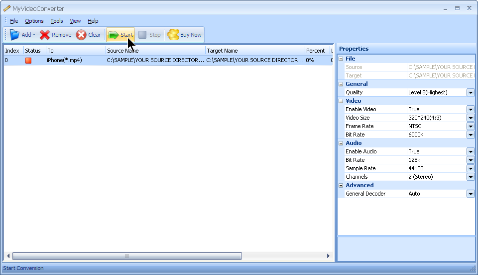 Tekan start untuk mengonversi file AVI Anda ke format file MP4 (iPhone) dengan MyVideoConverter.