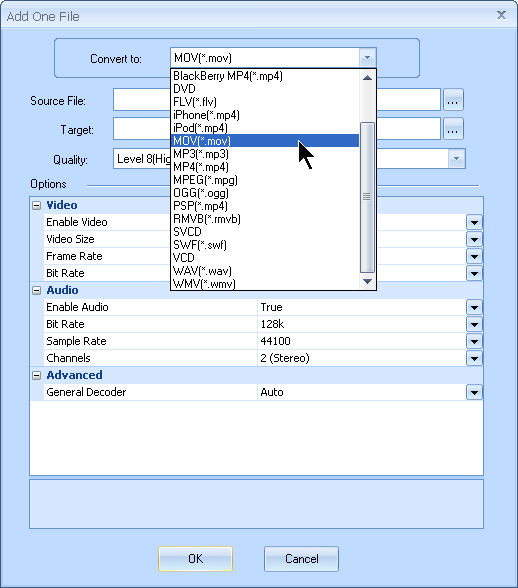Elige MOV como formato de salida en MyVideoConverter.