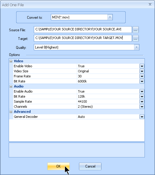 Configura el nombre del archivo MOV de salida y cualquier configuración adicional de audio y video personalizada por MyVideoConverter.