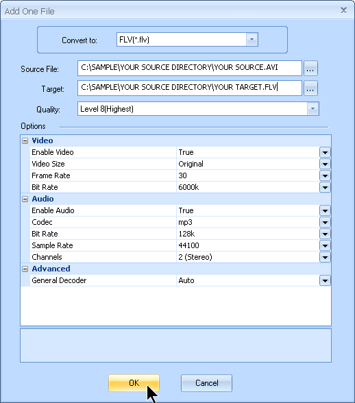 Atur nama file output FLV dan pengaturan audio video tambahan yang dikustomisasi oleh MyVideoConverter.