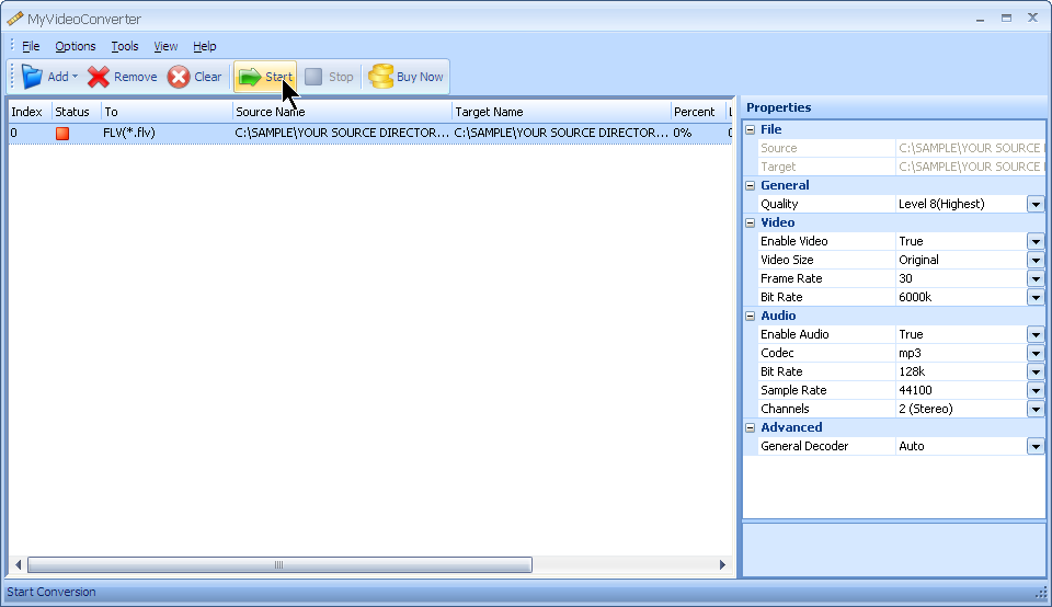 Tekan start untuk mengonversi file AVI Anda ke format file FLV dengan MyVideoConverter.