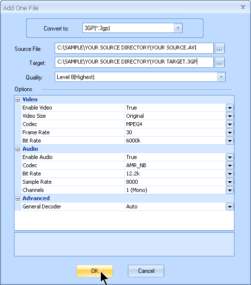 Configura el nombre del archivo 3GP de salida y cualquier configuración adicional de audio y video personalizada por MyVideoConverter.