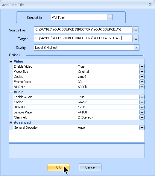Configura el nombre del archivo ASF de salida y cualquier configuración adicional de audio y video personalizada por MyVideoConverter.