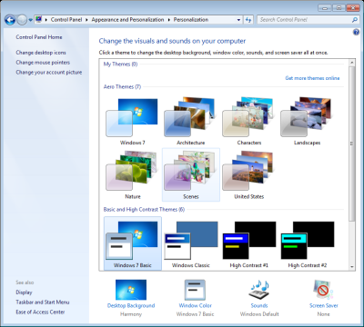 Tela de Personalização no painel de controle do Windows 7.