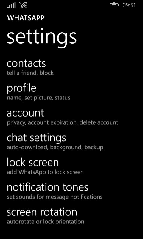 Zrzut ekranu ustawień WhatsApp dla Windows Phone